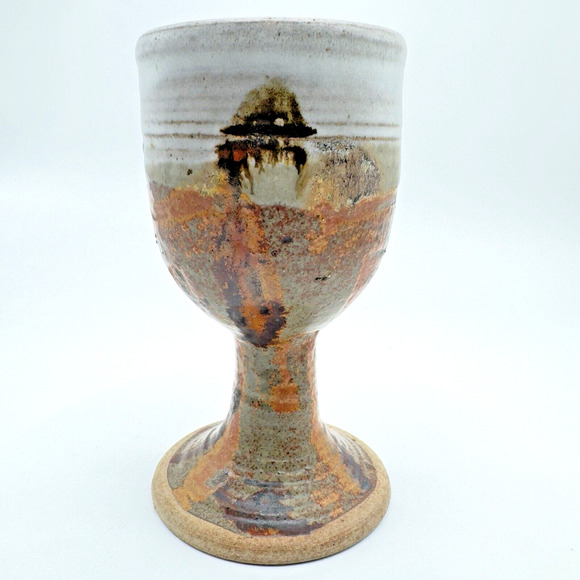 Studio Art Pottery Goblet Chalice Cup Textured Brown Gray Stoneware Signed #2 - Picture 1 of 10